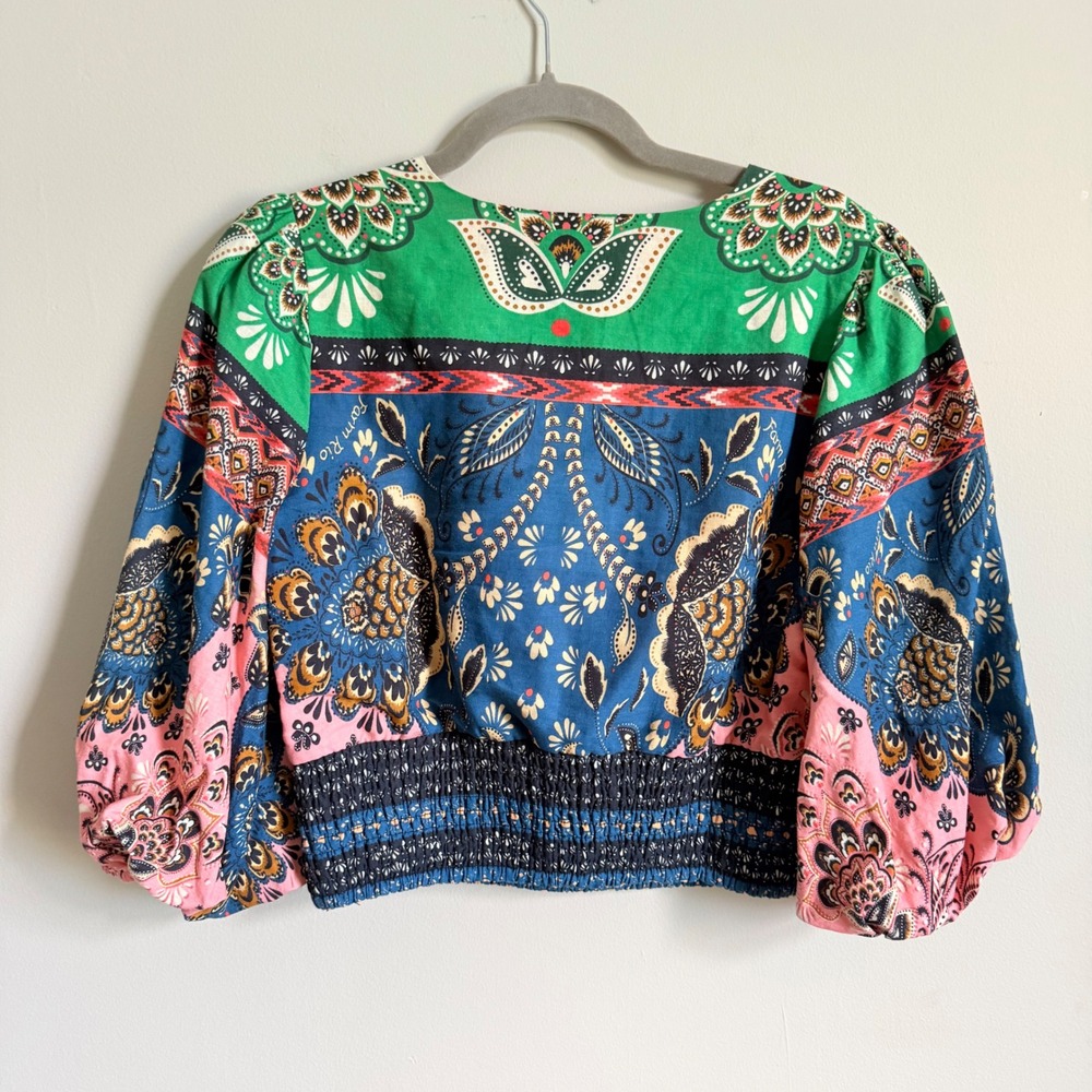 Farm Rio for Anthropologie Deep-V PuffSleeve Top Boho Print Smocked Blouse Small - Picture 6 of 8